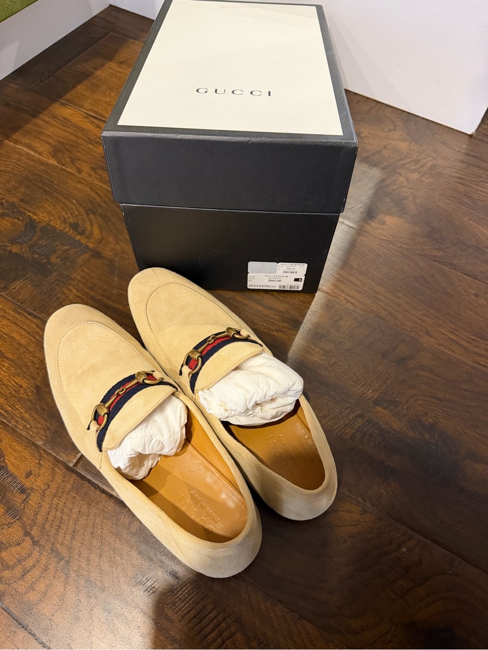 Gucci Beige Suede Horsebit Loafers with Web Detail